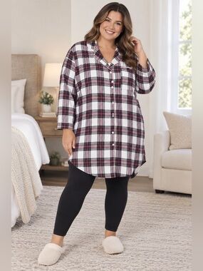 Erxeelo Sleep Shirt Nightgown Woman’s 24-26 Purple Plaid Cotton New NWT